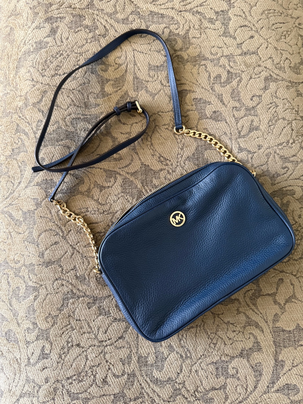 Michael Kors Navy Pebbled Leather Crossbody with Gold Hardware